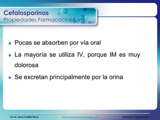 Cefalosporinas
Propiedades Farmacocinéticas



      Pocas se absorben por vía oral
      La mayoría se utiliza IV, porque IM es muy
      dolorosa
      Se excretan principalmente por la orina




  EU-Lic. Rene Castillo Flores   www.CapacitacionesOnline.com   Innovares Capacitación
 