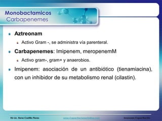 Monobactamicos
Carbapenemes

    Aztreonam
           Activo Gram -, se administra vía parenteral.

    Carbapenemes: Imipenem, meropenemM
           Activo gram-, gram+ y anaerobios.

    Imipenem: asociación de un antibiótico (tienamiacina),
    con un inhibidor de su metabolismo renal (cilastin).




 EU-Lic. Rene Castillo Flores   www.CapacitacionesOnline.com   Innovares Capacitación
 
