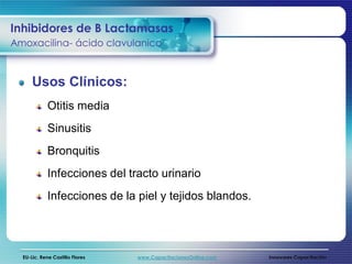 Inhibidores de B Lactamasas
Amoxacilina- ácido clavulanico



      Usos Clínicos:
             Otitis media
             Sinusitis
             Bronquitis
             Infecciones del tracto urinario
             Infecciones de la piel y tejidos blandos.




  EU-Lic. Rene Castillo Flores   www.CapacitacionesOnline.com   Innovares Capacitación
 