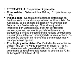 TETRAVET L.A. Suspensión inyectable. Composición :  Oxitetraciclina 200 mg. Excipientes c.s.p. 1 mL. Indicaciones:  Generales: Infecciones sistémicas en bovinos, ovinos, caprinos y porcinos por flora mixta: En rumiantes, es de primera elección en neumonías por flora mixta y Pasteurella sp., Queratoconjuntivitis infecciosa por Moraxella sp., Foot rot por Bacillus nodosus y otros, Neumonía por Mycoplasma sp. y piodermitis primaria o secundaria a heridas accidentales o quirúrgicas, infección interdigital de la vaca lechera. Es de primera elección en neumonías por micoplasmas y en septicemias agudas.  Posología y Administración:  En todas las especies se utiliza 1 mL por 10 Kg de peso vía IM cada 72 - 96 hr. En situaciones de gravedad calificada por el médico veterinario es recomendable repetir la dosis a las 72 hr. Subconjuntival: 0,5 mL-1 mL. 