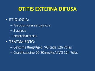 OTITIS EXTERNA DIFUSA
• ETIOLOGIA:
– Pseudomona aeruginosa
– S aureus
– Enterobacterias
• TRATAMIENTO:
– Cefixima 8mg/Kg/d VO cada 12h 7dias
– Ciprofloxacino 20-30mg/Kg/d VO 12h 7dias
 