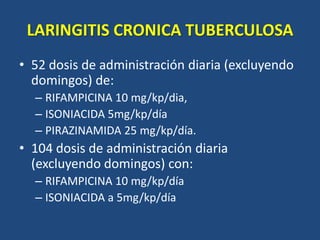 LARINGITIS CRONICA TUBERCULOSA
• 52 dosis de administración diaria (excluyendo
domingos) de:
– RIFAMPICINA 10 mg/kp/dia,
– ISONIACIDA 5mg/kp/día
– PIRAZINAMIDA 25 mg/kp/día.
• 104 dosis de administración diaria
(excluyendo domingos) con:
– RIFAMPICINA 10 mg/kp/día
– ISONIACIDA a 5mg/kp/día
 