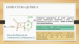 ESTRUCTURA QUÍMICA
Contiene un núcleo : Ácido 7-aminocefalosporanico
formado por un anillo betalactámico .
En 3 existe un radical y en la posición 7 se ubica otro
radical que van a dará cuenta de sus propiedades
antimicrobianas como de sus propiedades
farmacocinéticas.
Antibióticos betalactámicos de amplio espectro,
poseen características bactericidas, y tienen un
mecanismo de acción en común : inhibir la síntesis
de la pared bacteriana.
 
