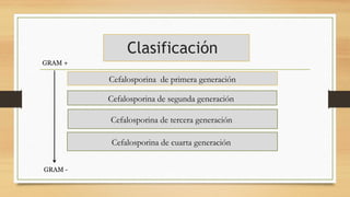 Cefalosporina de primera generación
Clasificación
Cefalosporina de segunda generación
Cefalosporina de tercera generación
Cefalosporina de cuarta generación
GRAM +
GRAM -
 