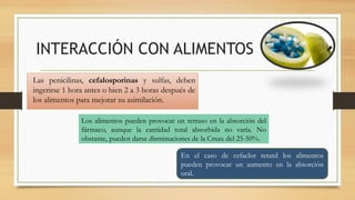 INTERACCIÓN CON ALIMENTOS
Las penicilinas, cefalosporinas y sulfas, deben
ingerirse 1 hora antes o bien 2 a 3 horas después de
los alimentos para mejorar su asimilación.
En el caso de cefaclor retard los alimentos
pueden provocar un aumento en la absorción
oral.
Los alimentos pueden provocar un retraso en la absorción del
fármaco, aunque la cantidad total absorbida no varía. No
obstante, pueden darse disminuciones de la Cmax del 25-50%.
 