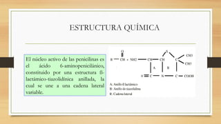 ESTRUCTURA QUÍMICA
El núcleo activo de las penicilinas es
el ácido 6-aminopenicilánico,
constituido por una estructura ß-
lactámico-tiazolidínica anillada, la
cual se une a una cadena lateral
variable.
 