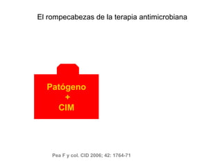 El rompecabezas de la terapia antimicrobiana




  Patógeno
      +
    CIM




    Pea F y col. CID 2006; 42: 1764-71
 