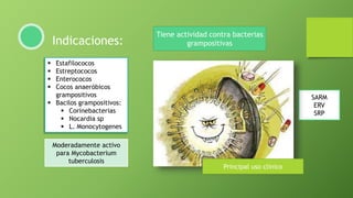 Tiene actividad contra bacterias
grampositivasIndicaciones:
 Estafilococos
 Estreptococos
 Enterococos
 Cocos anaeróbicos
grampositivos
 Bacilos grampositivos:
 Corinebacterias
 Nocardia sp
 L. Monocytogenes
Moderadamente activo
para Mycobacterium
tuberculosis
SARM
ERV
SRP
Principal uso clínico
 
