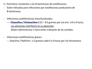 2.- Penicilinas resistentes a las B-lactamasas de estafilococos:
- Están indicadas para infecciones por estafilococos productores de
B-lactamasas.
- Infecciones estafilocócicas leves/localizadas:
---- Cloxacilina / Dicloxacilina 0.25 – 0.5 gramos por vía oral c/4 a 6 horas.
Los alimentos interfieren en su absorción.
Deben administrarse 1 hora antes o después de las comidas.
- Infecciones estafilocócicas graves:
--- Oxacilina / Nafcilina 1-2 gramos cada 4 a 6 horas por vía intravenosa.
 