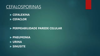 CEFALOSPORINAS
 CEFALEXINA
 CEFACLOR
 PERMEABILIDADE PAREDE CELULAR
 PNEUMONIA
 URINA
 SINUSITE
 