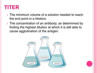 TITER
 The minimum volume of a solution needed to reach
the end point in a titration.
 The concentration of an antibody, as determined by
finding the highest dilution at which it is still able to
cause agglutination of the antigen.
 