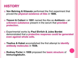 HISTORY
 Von Behring & Kitasato performed the first experiment that
proved the physical existence of Abs in 1890.
 Tizzoni & Cattani in 1891 named the Abs as Antitoxin – an
unknown substance present in the serum that provided
protection.
 Experimental works by Paul Ehrlich & Jules Bordet
demonstrated that a protective response could be generated
even against whole cells.
 Tiselius & Kabat accomplished the first attempt to identify
antibody molecules in 1939.
 Rodney Porter in 1959 proposed the basic structure of
Immunoglobulin.
 