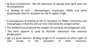 • d) Fixes complement - Not all subclasses fix equally well; IgG4 does not
fix complement
• e) Binding to cells - Macrophages, monocytes, PMNs and some
lymphocytes have Fc receptors for the Fc region of IgG.
• A consequence of binding to the Fc receptors on PMNs, monocytes and
macrophages is that the cell can now internalize the antigen better.
• The antibody has prepared the antigen for eating by the phagocytic cells.
• The term opsonin is used to describe substances that enhance
phagocytosis.
• IgG is a good opsonin. Binding of IgG to Fc receptors on other types of
cells results in the activation of other functions.
 