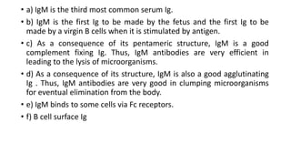• a) IgM is the third most common serum Ig.
• b) IgM is the first Ig to be made by the fetus and the first Ig to be
made by a virgin B cells when it is stimulated by antigen.
• c) As a consequence of its pentameric structure, IgM is a good
complement fixing Ig. Thus, IgM antibodies are very efficient in
leading to the lysis of microorganisms.
• d) As a consequence of its structure, IgM is also a good agglutinating
Ig . Thus, IgM antibodies are very good in clumping microorganisms
for eventual elimination from the body.
• e) IgM binds to some cells via Fc receptors.
• f) B cell surface Ig
 