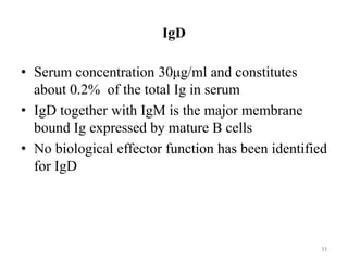 IgD
• Serum concentration 30μg/ml and constitutes
about 0.2% of the total Ig in serum
• IgD together with IgM is the major membrane
bound Ig expressed by mature B cells
• No biological effector function has been identified
for IgD
33
 