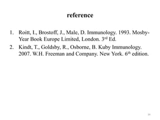 reference
1. Roitt, I., Brostoff, J., Male, D. Immunology. 1993. Mosby-
Year Book Europe Limited, London. 3rd Ed.
2. Kindt, T., Goldsby, R., Osborne, B. Kuby Immunology.
2007. W.H. Freeman and Company. New York. 6th edition.
34
 