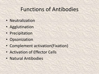Functions of Antibodies
• Neutralization
• Agglutination
• Precipitation
• Opsonization
• Complement activation(Fixation)
• Activation of Effector Cells
• Natural Antibodies
 