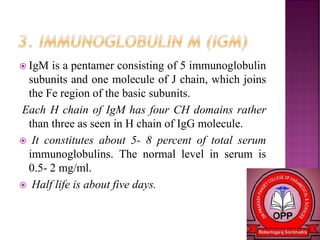  IgM is a pentamer consisting of 5 immunoglobulin
subunits and one molecule of J chain, which joins
the Fe region of the basic subunits.
Each H chain of IgM has four CH domains rather
than three as seen in H chain of IgG molecule.
 It constitutes about 5- 8 percent of total serum
immunoglobulins. The normal level in serum is
0.5- 2 mg/ml.
 Half life is about five days.
 