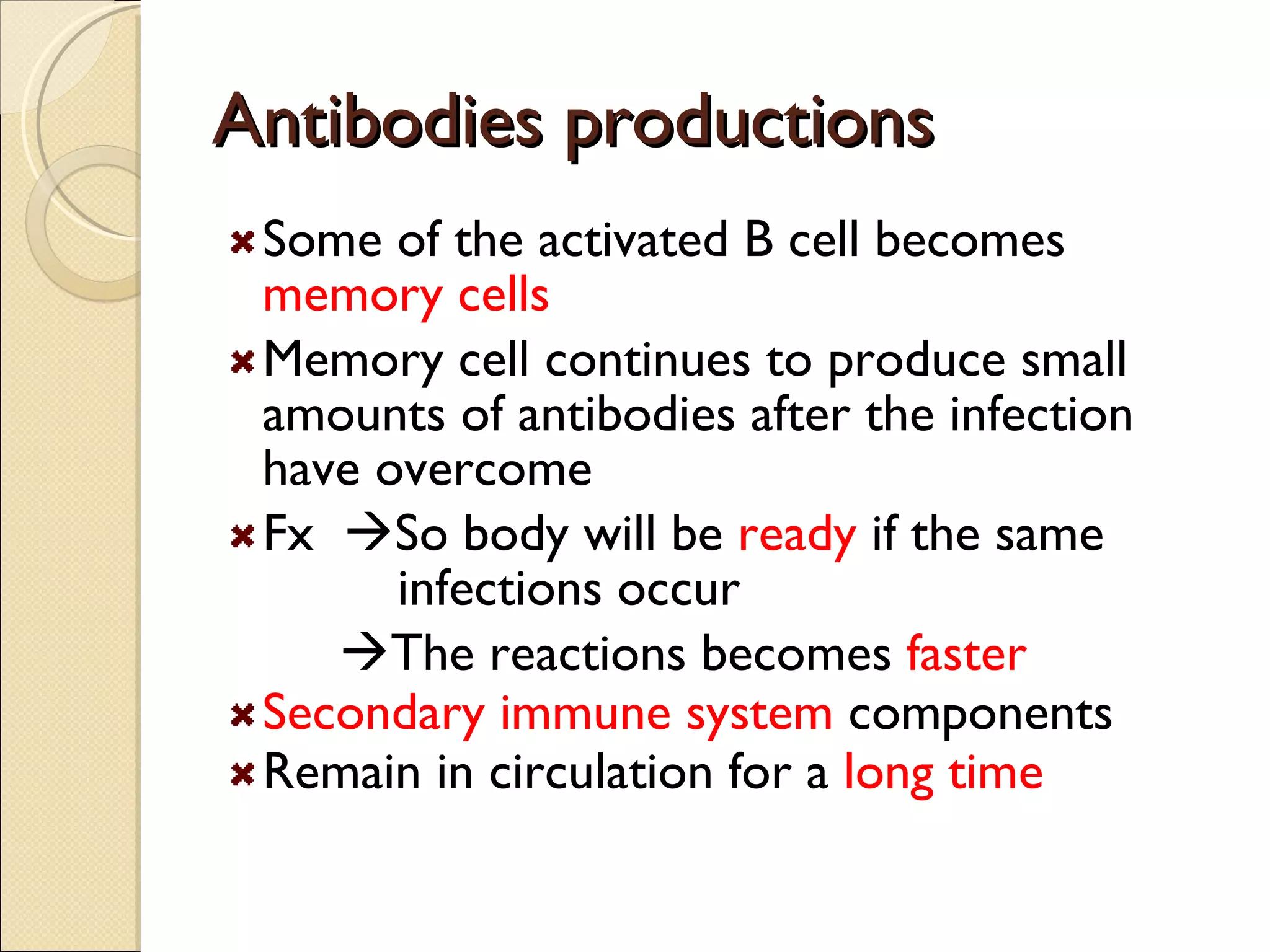 Antibodies productions Some of the activated B cell becomes  memory cells Memory cell continues to produce small amounts of antibodies after the infection have overcome Fx   So body will be  ready  if the same    infections occur  The reactions becomes  faster Secondary immune system  components Remain in circulation for a  long time 