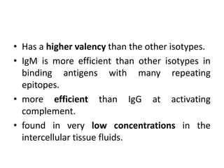• Has a higher valency than the other isotypes.
• IgM is more efficient than other isotypes in
binding antigens with many repeating
epitopes.
• more efficient than IgG at activating
complement.
• found in very low concentrations in the
intercellular tissue fluids.
 