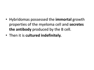 • Hybridomas possessed the immortal growth
properties of the myeloma cell and secretes
the antibody produced by the B cell.
• Then it is cultured indefinitely.
 