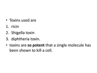 • Toxins used are
1. ricin
2. Shigella toxin
3. diphtheria toxin.
• toxins are so potent that a single molecule has
been shown to kill a cell.
 