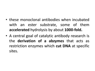 • these monoclonal antibodies when incubated
with an ester substrate, some of them
accelerated hydrolysis by about 1000-fold.
• A central goal of catalytic antibody research is
the derivation of a abzymes that acts as
restriction enzymes which cut DNA at specific
sites.
 