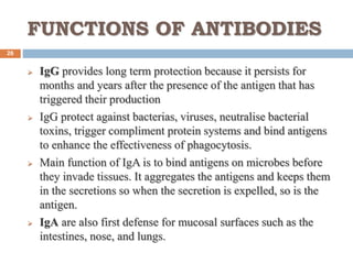 FUNCTIONS OF ANTIBODIES
26
 IgG provides long term protection because it persists for
months and years after the presence of the antigen that has
triggered their production
 IgG protect against bacterias, viruses, neutralise bacterial
toxins, trigger compliment protein systems and bind antigens
to enhance the effectiveness of phagocytosis.
 Main function of IgA is to bind antigens on microbes before
they invade tissues. It aggregates the antigens and keeps them
in the secretions so when the secretion is expelled, so is the
antigen.
 IgA are also first defense for mucosal surfaces such as the
intestines, nose, and lungs.
 