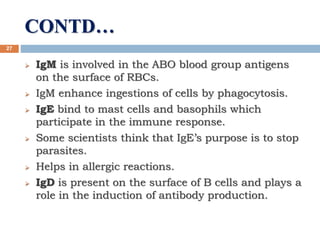 CONTD…
27
 IgM is involved in the ABO blood group antigens
on the surface of RBCs.
 IgM enhance ingestions of cells by phagocytosis.
 IgE bind to mast cells and basophils which
participate in the immune response.
 Some scientists think that IgE’s purpose is to stop
parasites.
 Helps in allergic reactions.
 IgD is present on the surface of B cells and plays a
role in the induction of antibody production.
 