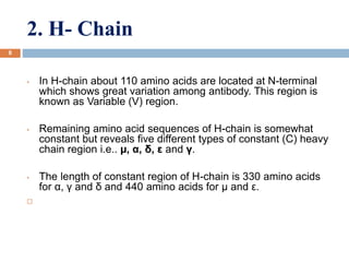 2. H- Chain
8
• In H-chain about 110 amino acids are located at N-terminal
which shows great variation among antibody. This region is
known as Variable (V) region.
• Remaining amino acid sequences of H-chain is somewhat
constant but reveals five different types of constant (C) heavy
chain region i.e.. µ, α, δ, ε and γ.
• The length of constant region of H-chain is 330 amino acids
for α, γ and δ and 440 amino acids for µ and ε.

 