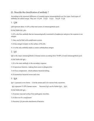 Q . Describe the classification of antibody ?
According to the structural difference of constant region immunoglobulin are five types. Each types of
antibody are called isotype. They are- 1) Ig M 2) IgG 3) IgA 4) Ig D 5) IgE
1 . IgM
IgM represent about 8-10% of the total serum of immunoglobulin pool.
FUNCTION OF Ig M:-
1 ) IT is the first antibody that are immunologically commited to lymphocyte and gives the response to an
antigen.
2 ) they can be bind with complement system.
3 ) It has antigen receptor on the surface of B-cells.
4 ) it is the only antibody made to certain carbohydrate antigen.
2 . IgG
IgG is the major immunoglobulin in human serum according from 70-80% of total immunoglobulin pool.
FUNCTION OF IgG:-
1 ) It is the main antibody in the secondary response .
2 ) It opsonizes bacteria , making them easier to phagocytize.
3 ) It fixes complement , which enhance bacterial killing .
4 ) It neutralizes bacterial toxins and virus.
3 . IgA
IgA is present in two forms – 1) In the serum and 2) In various body secrstions.
IgA represent 15-20% human serum. Secretory IgA can be further IgA1 , IgA2.
FUNCTION OF IgA:-
1 ) It protect mucosal surface from pathogenic microbes.
2 ) It does not fix complement
3) Secretory IgA prevents attachment of bacteria.
 