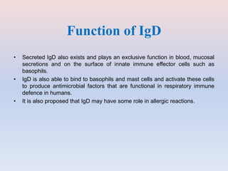 • Secreted IgD also exists and plays an exclusive function in blood, mucosal
secretions and on the surface of innate immune effector cells such as
basophils.
• IgD is also able to bind to basophils and mast cells and activate these cells
to produce antimicrobial factors that are functional in respiratory immune
defence in humans.
• It is also proposed that IgD may have some role in allergic reactions.
Function of IgD
 