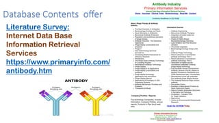 Database Contents offer
Literature Survey:
Internet Data Base
Information Retrieval
Services
https://www.primaryinfo.com/
antibody.htm
 