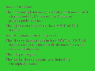 Basic Structure : The immunoglobulin consist of a unit made of 4 chain model , it’s based on 2 type of polypeptide chain. The light (smaller) chain has MWT of 25 k dalton And is common to all classes. The Heavy (larger) chain has MWT of 50-70 k dalton and it is structurally distinct for each class or subclass. The hinge Region The Light-Heavy chains are linked by Disulphide bond 
