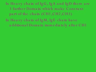 In Heavy chain of IgG, IgA and IgD there are 3 further Domain which make Constant part of the chain (CH1,CH2,CH3) In Heavy chain of IgM, IgE chain have additional Domain immediately after CH1 