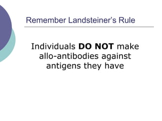 Remember Landsteiner’s Rule
Individuals DO NOT make
allo-antibodies against
antigens they have
 