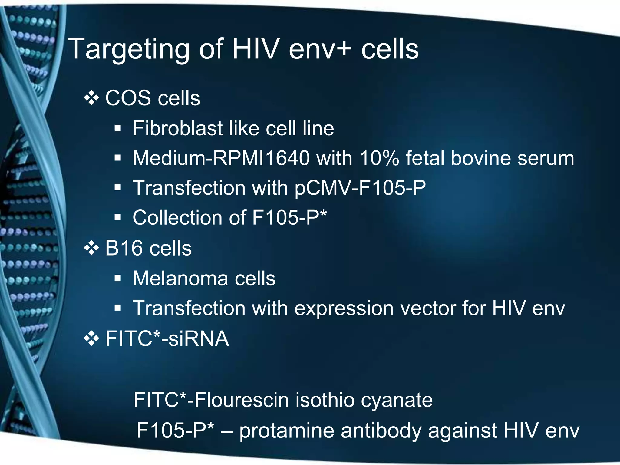 Targeting of HIV env+ cells 
 COS cells 
 Fibroblast like cell line 
 Medium-RPMI1640 with 10% fetal bovine serum 
 Transfection with pCMV-F105-P 
 Collection of F105-P* 
 B16 cells 
 Melanoma cells 
 Transfection with expression vector for HIV env 
 FITC*-siRNA 
FITC*-Flourescin isothio cyanate 
F105-P* – protamine antibody against HIV env 
 
