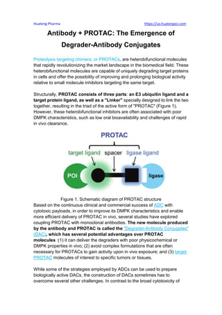 Huateng Pharma https://us.huatengsci.com
Antibody + PROTAC: The Emergence of
Degrader-Antibody Conjugates
Proteolysis targeting chimera, or PROTACs, are heterobifunctional molecules
that rapidly revolutionizing the market landscape in the biomedical field. These
heterobifunctional molecules are capable of uniquely degrading target proteins
in cells and offer the possibility of improving and prolonging biological activity
relative to small molecule inhibitors targeting the same target.
Structurally, PROTAC consists of three parts: an E3 ubiquitin ligand and a
target protein ligand, as well as a "Linker" specially designed to link the two
together, resulting in the triad of the active form of "PROTAC" (Figure 1).
However, these heterobifunctional inhibitors are often associated with poor
DMPK characteristics, such as low oral bioavailability and challenges of rapid
in vivo clearance.
Figure 1. Schematic diagram of PROTAC structure
Based on the continuous clinical and commercial success of ADC with
cytotoxic payloads, in order to improve its DMPK characteristics and enable
more efficient delivery of PROTAC in vivo, several studies have explored
coupling PROTAC with monoclonal antibodies. The new molecule produced
by the antibody and PROTAC is called the "Degrader-Antibody Conjugates"
(DAC), which has several potential advantages over PROTAC
molecules :(1) it can deliver the degraders with poor physicochemical or
DMPK properties in vivo; (2) avoid complex formulations that are often
necessary for PROTACs to gain activity upon in vivo exposure; and (3) target
PROTAC molecules of interest to specific tumors or tissues.
While some of the strategies employed by ADCs can be used to prepare
biologically active DACs, the construction of DACs sometimes has to
overcome several other challenges. In contrast to the broad cytotoxicity of
 
