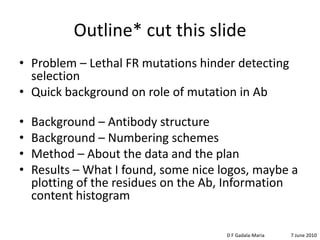 	1° immune response:mostly germline antibodies	Somatic Hypermutation& Affinity Maturation2 ° immune response:	sequences with point mutationsAgAgMutations improve antibody affinityD F Gadala-Maria	7 June 2010