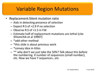 Could just line them up and count, if we had a good alignment…Many more sequences available!IMGT (the international ImMunoGeneTics information system) http://www.imgt.orgLefrancet al. (2003) IMGT unique numbering for immunoglobulin and T cell receptor variable domains and Igsuperfamily V-like domains. Dev Comp Immunol. 27:55-77.D F Gadala-Maria	7 June 2010