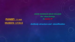 PUNEET- 17/664
ZAKIR HUUSSAIN DELHI COLLEGE
Bsc .Hons.Zoology
Semester 5th
Antibody structure and classification
MUBEEN -17/613
 