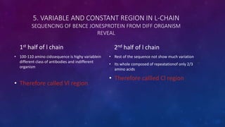 5. VARIABLE AND CONSTANT REGION IN L-CHAIN
SEQUENCING OF BENCE JONESPROTEIN FROM DIFF ORGANISM
REVEAL
1st half of l chain
• 100-110 amino cidssequence is highy variablein
different class of antibodies and indifferent
organism
• Therefore called Vl region
2nd half of l chain
• Rest of the sequence not show much variation
• Its whole composed of repeatationof only 2/3
amino acids
• Therefore callled Cl region
 