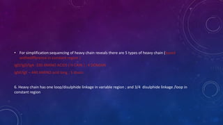 • For simplification:sequencing of heavy chain reveals there are 5 types of heavy chain (based
onthedifference in constant region )
IgD/IgD/IgA -330 AMINO ACIDS ( H CAIN ) ; 4 DOMAIN
IgM/IgE – 440 AMINO acid long ; 5 doain
6. Heavy chain has one loop/disulphide linkage in variable region ; and 3/4 disulphide linkage /loop in
constant region
 