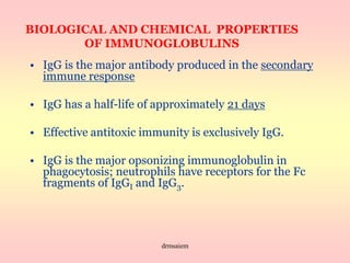 drmsaiem
BIOLOGICAL AND CHEMICAL PROPERTIES
OF IMMUNOGLOBULINS
• IgG is the major antibody produced in the secondary
immune response
• IgG has a half-life of approximately 21 days
• Effective antitoxic immunity is exclusively IgG.
• IgG is the major opsonizing immunoglobulin in
phagocytosis; neutrophils have receptors for the Fc
fragments of IgGI and IgG3.
 