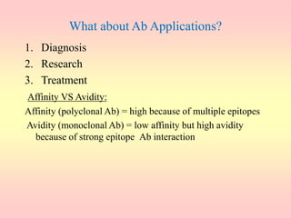 What about Ab Applications?
1. Diagnosis
2. Research
3. Treatment
Affinity VS Avidity:
Affinity (polyclonal Ab) = high because of multiple epitopes
Avidity (monoclonal Ab) = low affinity but high avidity
because of strong epitope Ab interaction
 