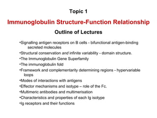 Signalling antigen receptors on B cells - bifunctional antigen-binding  secreted molecules Structural conservation  and  infinite variability - domain structure. The Immunoglobulin Gene Superfamily The immunoglobulin fold Framework and complementarity determining regions - hypervariable  loops Modes of interactions with antigens Effector mechanisms and isotype – role of the Fc.  Multimeric antibodies and multimerisation Characteristics and properties of each Ig isotype Ig receptors and their functions Topic 1 Immunoglobulin Structure-Function Relationship Outline of Lectures 