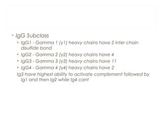 • IgG Subclass
• IgG1 - Gamma 1 (γ1) heavy chains have 2 inter chain
disulfide bond
• IgG2 - Gamma 2 (γ2) heavy chains have 4
• IgG3 - Gamma 3 (γ3) heavy chains have 11
• IgG4 - Gamma 4 (γ4) heavy chains have 2
Ig3 have highest ability to activate complement followed by
Ig1 and then Ig2 while Ig4 cant
 