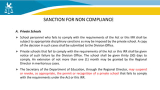 A. Private Schools
 School personnel who fails to comply with the requirements of the Act or this IRR shall be
subject to appropriate disciplinary sanctions as may be imposed by the private school. A copy
of the decision in such cases shall be submitted to the Division Office.
 Private schools that fail to comply with the requirements of the Act or this IRR shall be given
notice of such failure by the Division Office. The school shall be given thirty (30) days to
comply. An extension of not more than one (1) month may be granted by the Regional
Director in meritorious cases.
 The Secretary of the Department of Education, through the Regional Director, may suspend
or revoke, as appropriate, the permit or recognition of a private school that fails to comply
with the requirements under the Act or this IRR.
SANCTION FOR NON COMPLIANCE
 