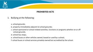 1. Bullying at the following:
a. school grounds;
b. property immediately adjacent to school grounds;
c. school sponsored or school-related activities, functions or programs whether on or off
school grounds;
d. school bus stops;
e. school buses or other vehicles owned, leased or used by a school;
f. school buses or school services privately-owned but accredited by the school.
PROHIBITED ACTS
 