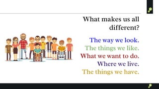 What makes us all
different?
The way we look.
The things we like.
What we want to do.
Where we live.
The things we have.
 